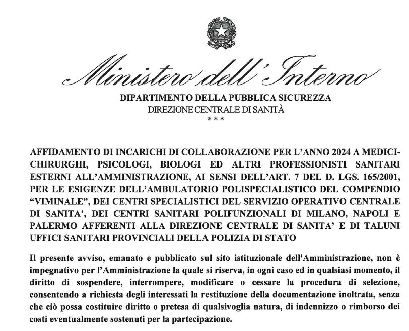 Ministero dell Interno Polizia di Stato Affidamento incarichi di